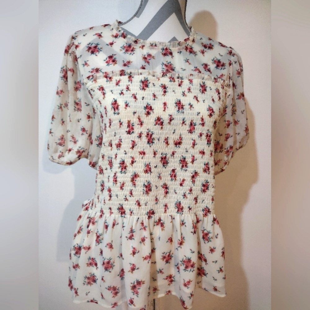 Torrid smocked rose pendant blouse/sheer sleeves and bottom